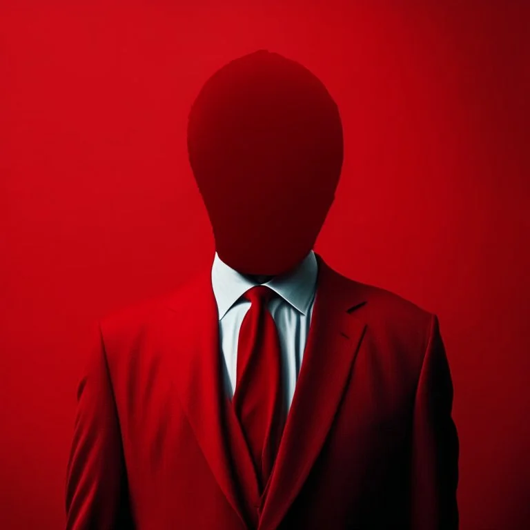 a faceless man wearing a red suit with a red tie