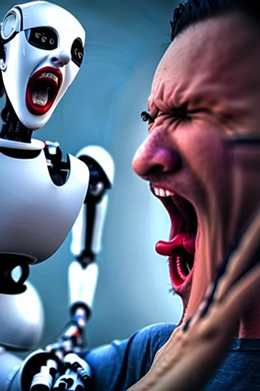 man screaming at a robot