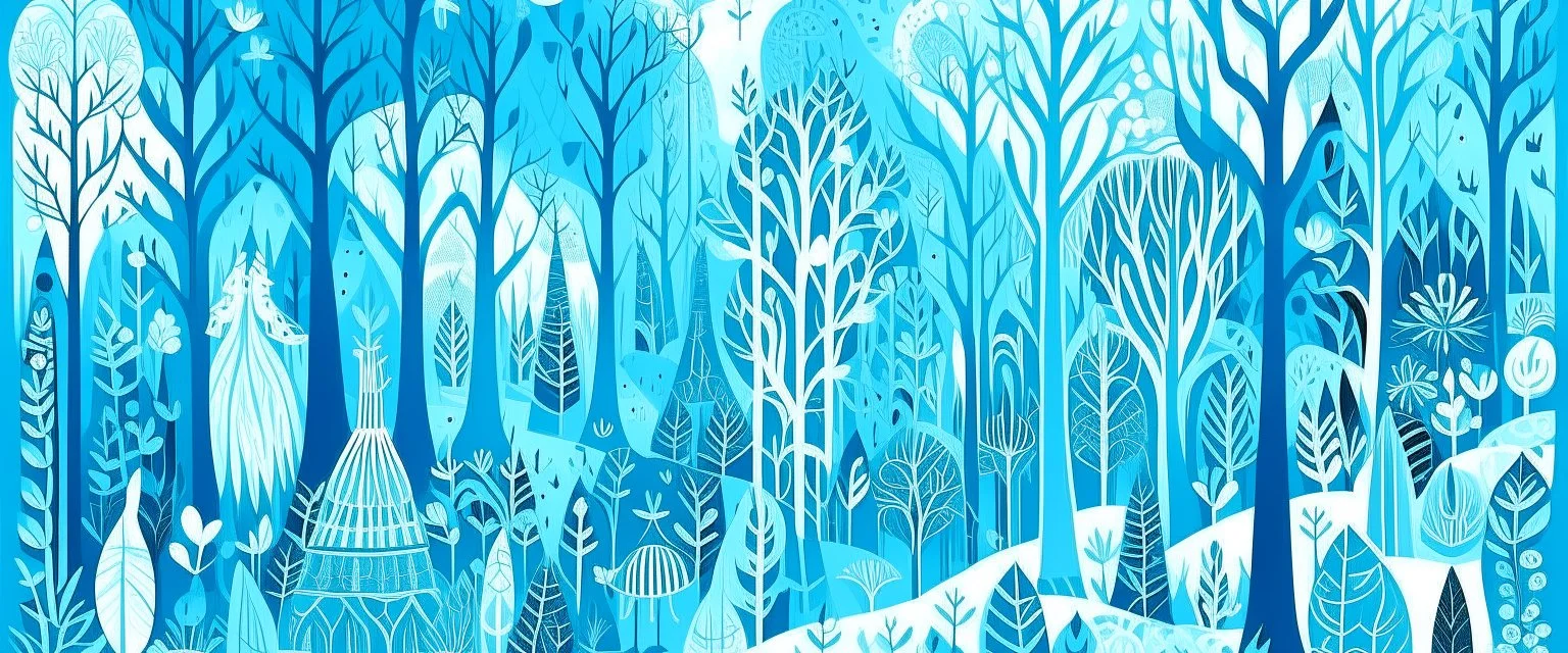 A cyan winter forest designed in German folk art