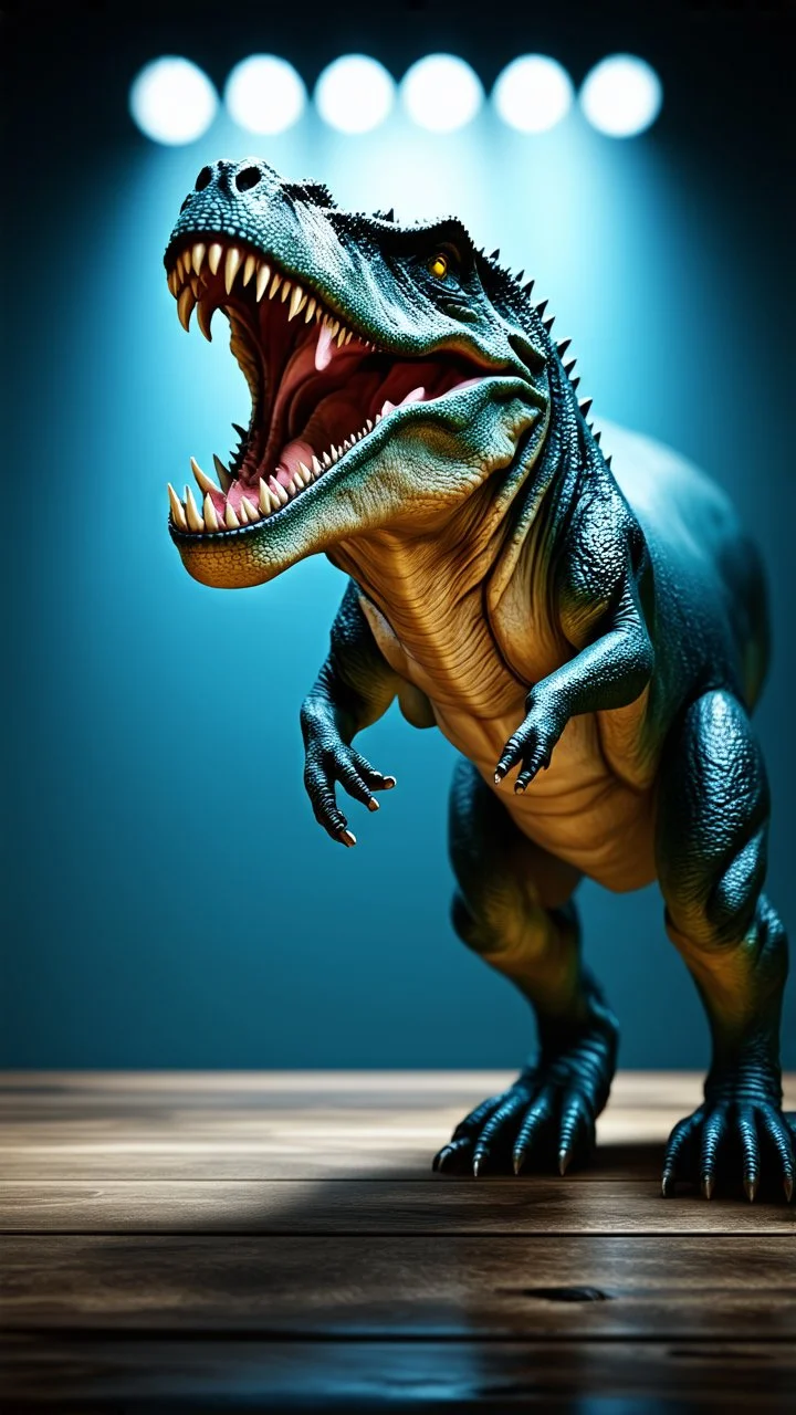 terrible tyrannosaurus rex roaring, interior lighting, realistic