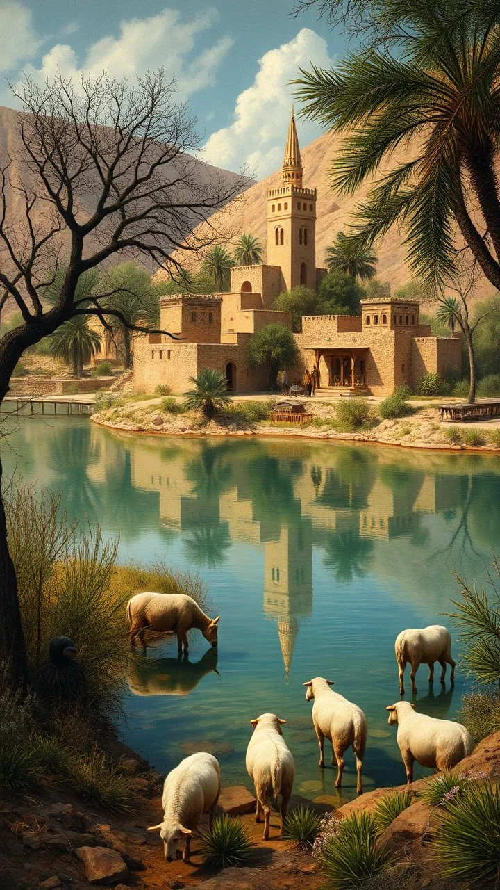 Hieronymus Bosch style , Morocco old Arabian oasis with water lakes and trees and sheep’s drinking from the lake surrounded with old houses and minaret