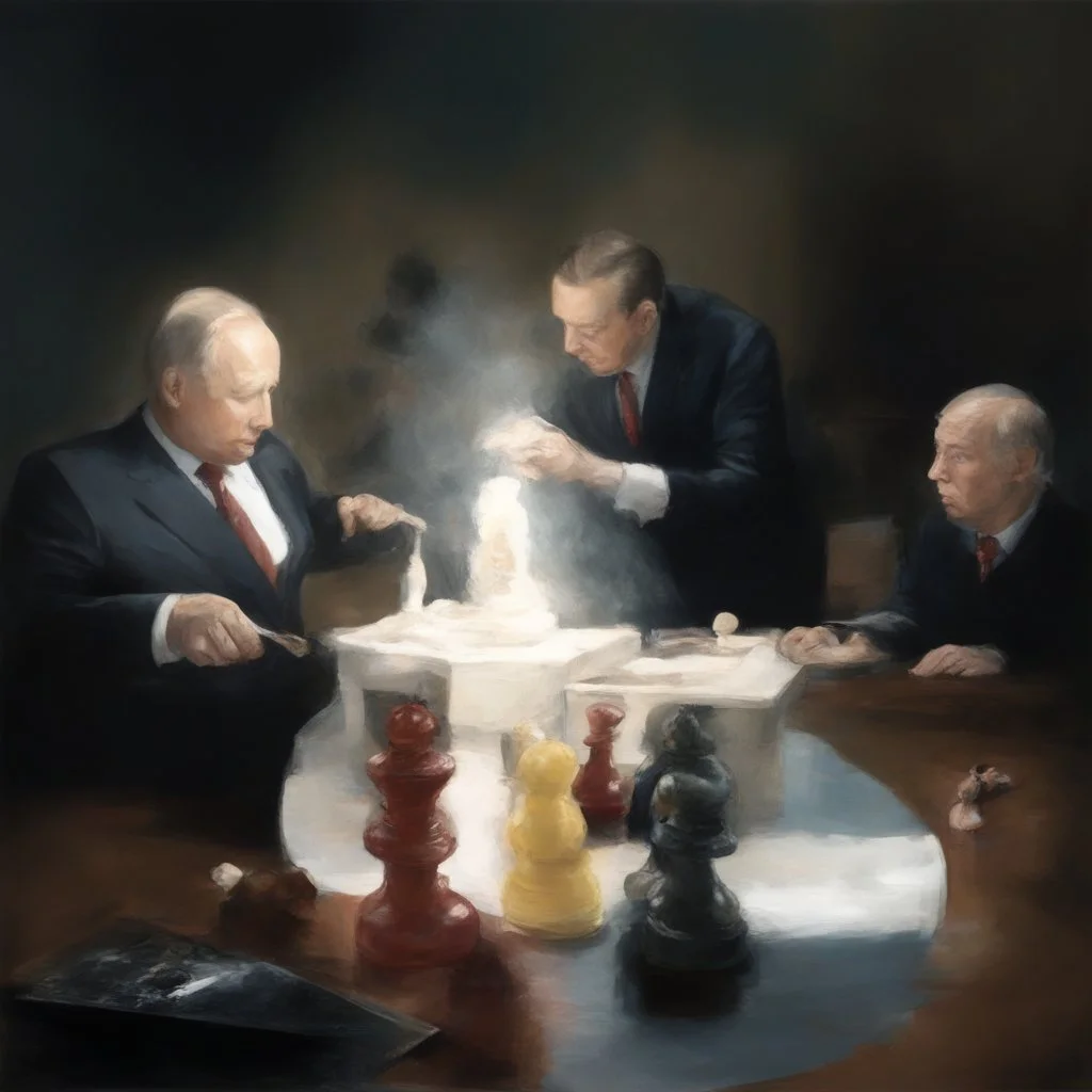 Putin, President Xi Of China And Joe Biden Play Chess With Atomic Bomb Mushroom Cloud,Complex Surgical Instruments Intermixed With A Newborn Boy,Minimalism,Painting By Adrian Ghenie,Rene Magritte,Pablo Picasso,Michelangelo,Salvador Dali,Lucian Freud