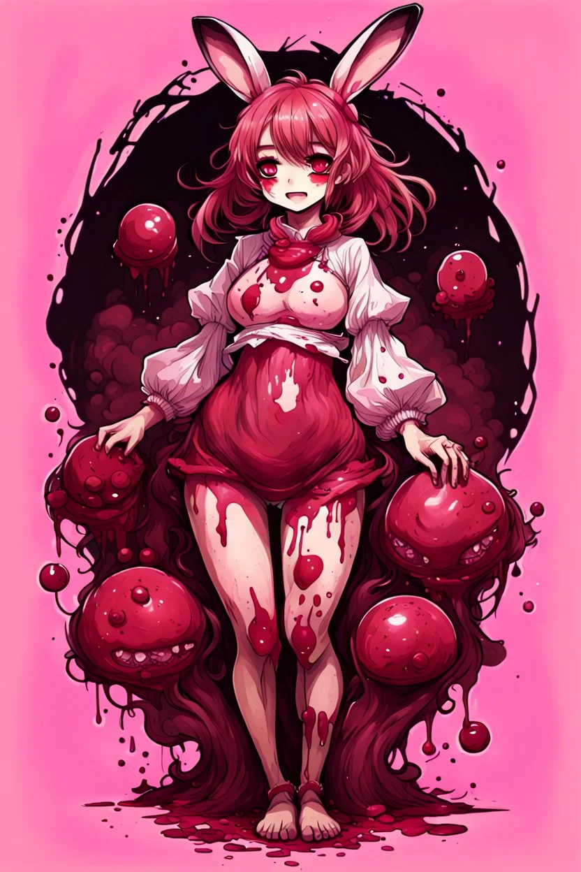 portrait a fullbody cute Anime girl smiling crushed inside really darkred fleshy stomach filled with digestive juices, bunny , mask, hair slime, out her mind, pink tones, in the style of arthur rackham,