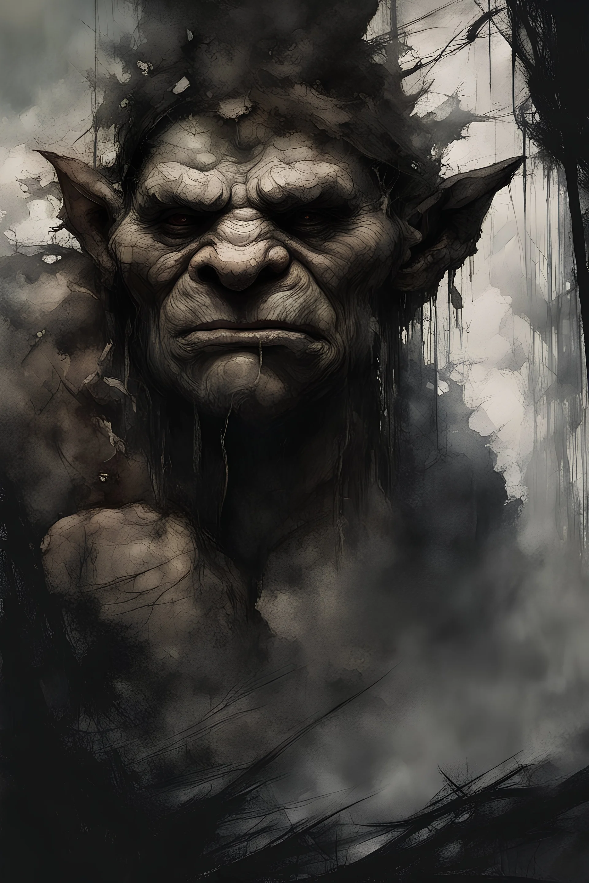 stone troll taller than trees, vivid emotions, watercolor, photorealism, dark fantasy, bad weather, gloomy day, dark world, sketch art, fine lines, grunge, sensual, darkness, by Raymond Swanland & Alyssa Monks & Anna Razumovskaya