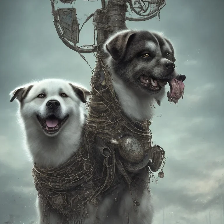 sad, abandoned, miserable dog tied to a pole with the Grim Reaper beside akita dog on lonely highway, 8k resolution, high-quality, fine-detail, iridescent, intricate, digital art, detailed matte, volumetric lighting, illustration, 3D octane render, brian froud, howard lyon, selina french, anna dittmann, annie stokes, lisa parker, greg rutowski