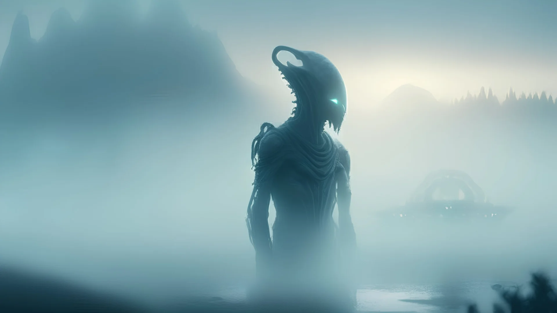 Photoreal alien horizons in fantasy style liquid alien statue in the foreground in mystic mist at green dawn by lee jeffries, 8k, high detail, smooth render, unreal engine 5, cinema 4d, HDR, dust effect, vivid colors