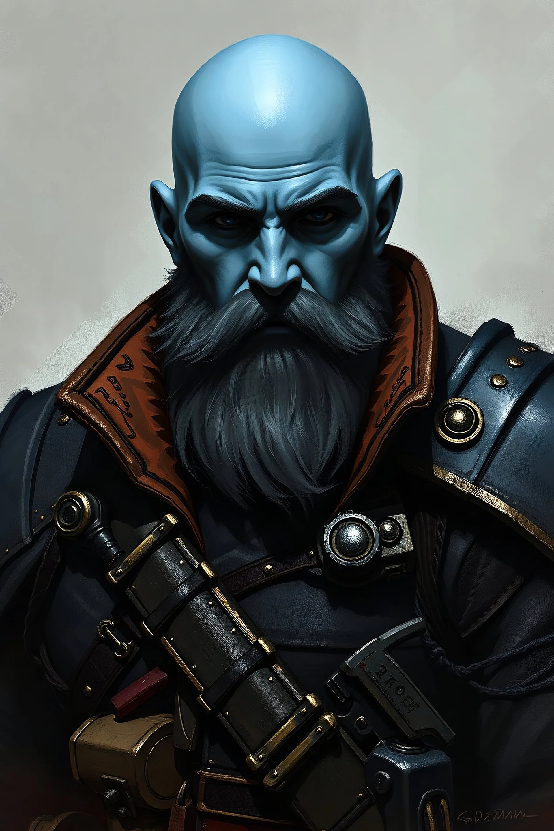 Warhammer 40k Bald with beard Human Rogue trader Blue and black commandant Jacket full portrait