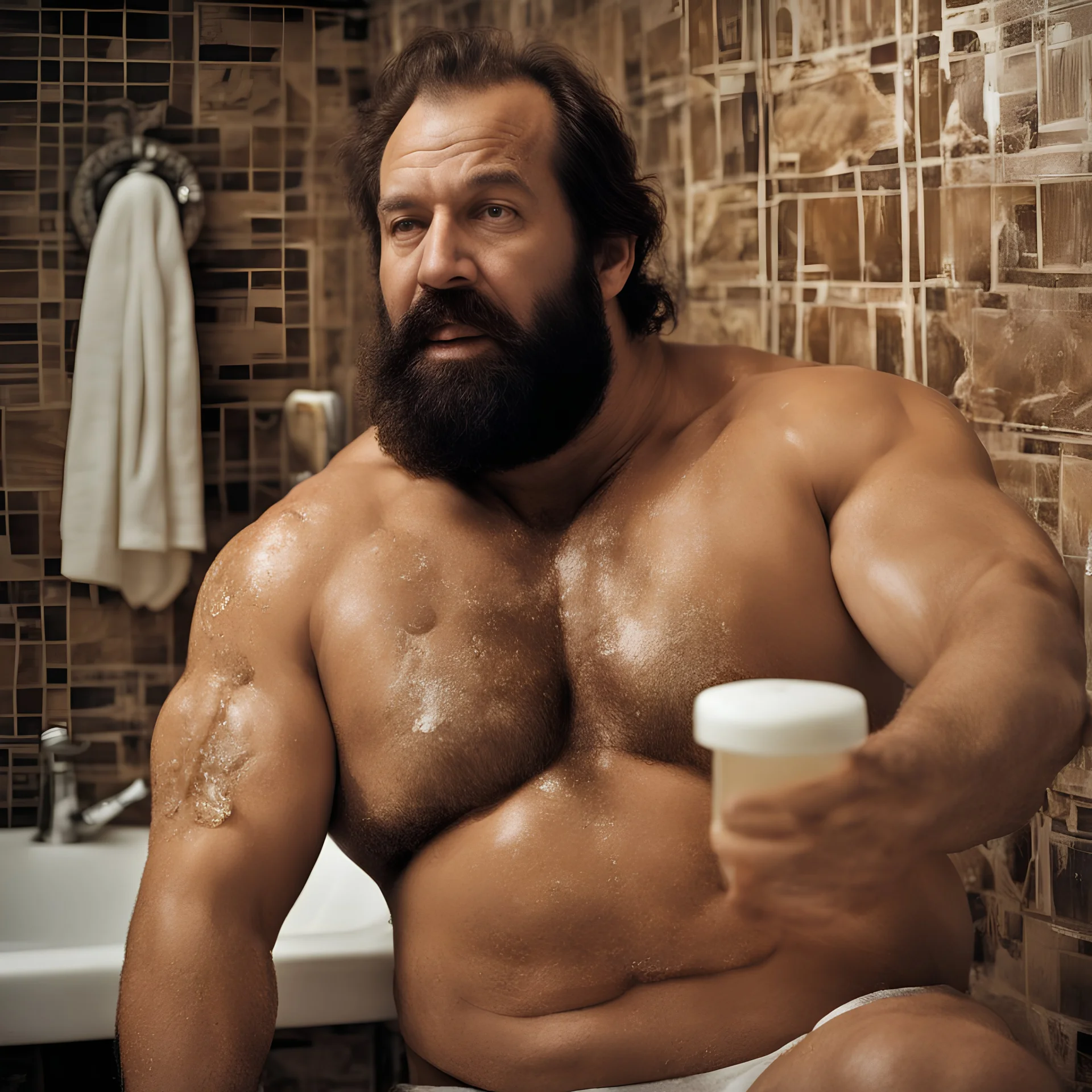 two ugly muscular chubby arab 40 years old similar to bud spencer, very detailed, full figure shot, very realistic photography, dim light, view from below, tiled restroom, tattoo, masculine bearded, white substance dripping from beard, with glue stuck to and dripping from beard,, , mature barely burly bearded muscled and robust