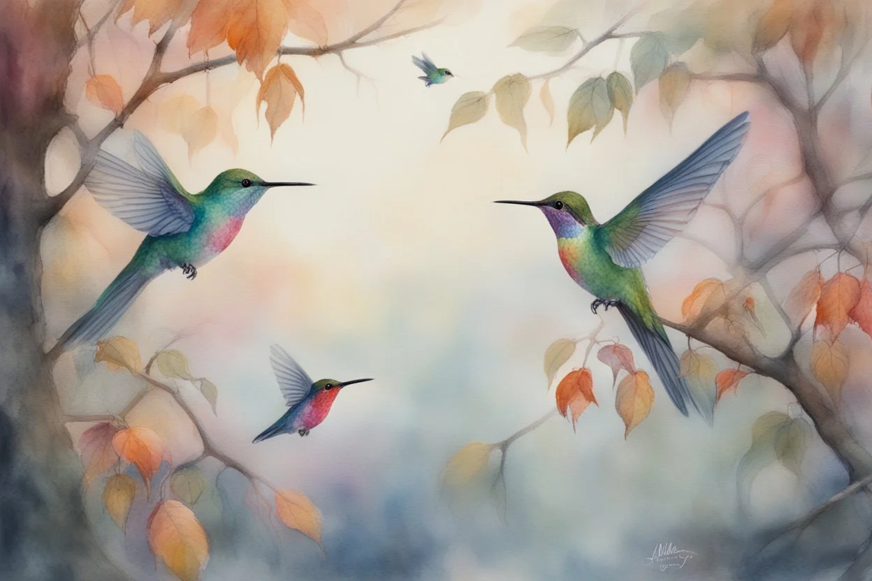 closeup, a colorful hummingbird family perched in the canopy, the siblings eating (opened mouth, the mother feeding them), twilight, looking down on the river through the canopy of a tree, on a misty twilight. over a misty pond in the hieght of fall. Watercolour by Alison Brady. Pastel colours S<AI in sunshine, ethereal, otherwordly, cinematic postprocessing