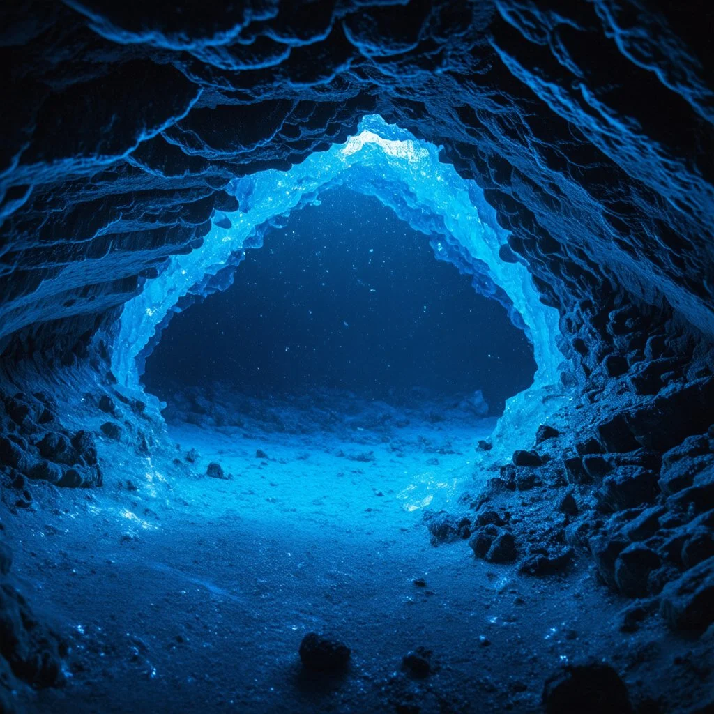 a dark frozen underwater cave, ice crystals