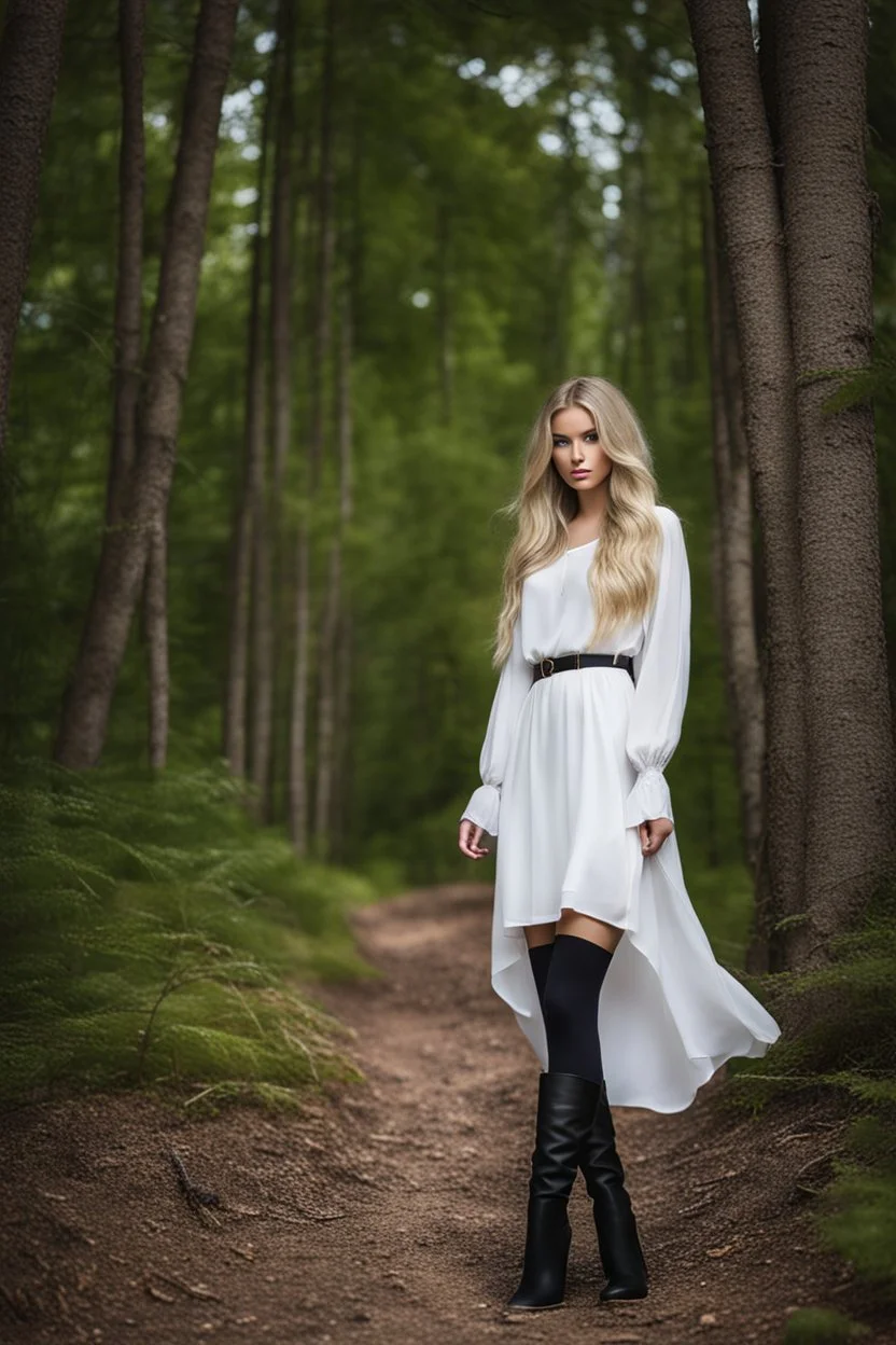 full body standing beautiful 20 year old girl with ash blonde hair and blue eyes with her long hair down, wearing a white sleeved shirt and nice sarifon dress, and lilac long leggings, with long black boots full body shot walking along trees