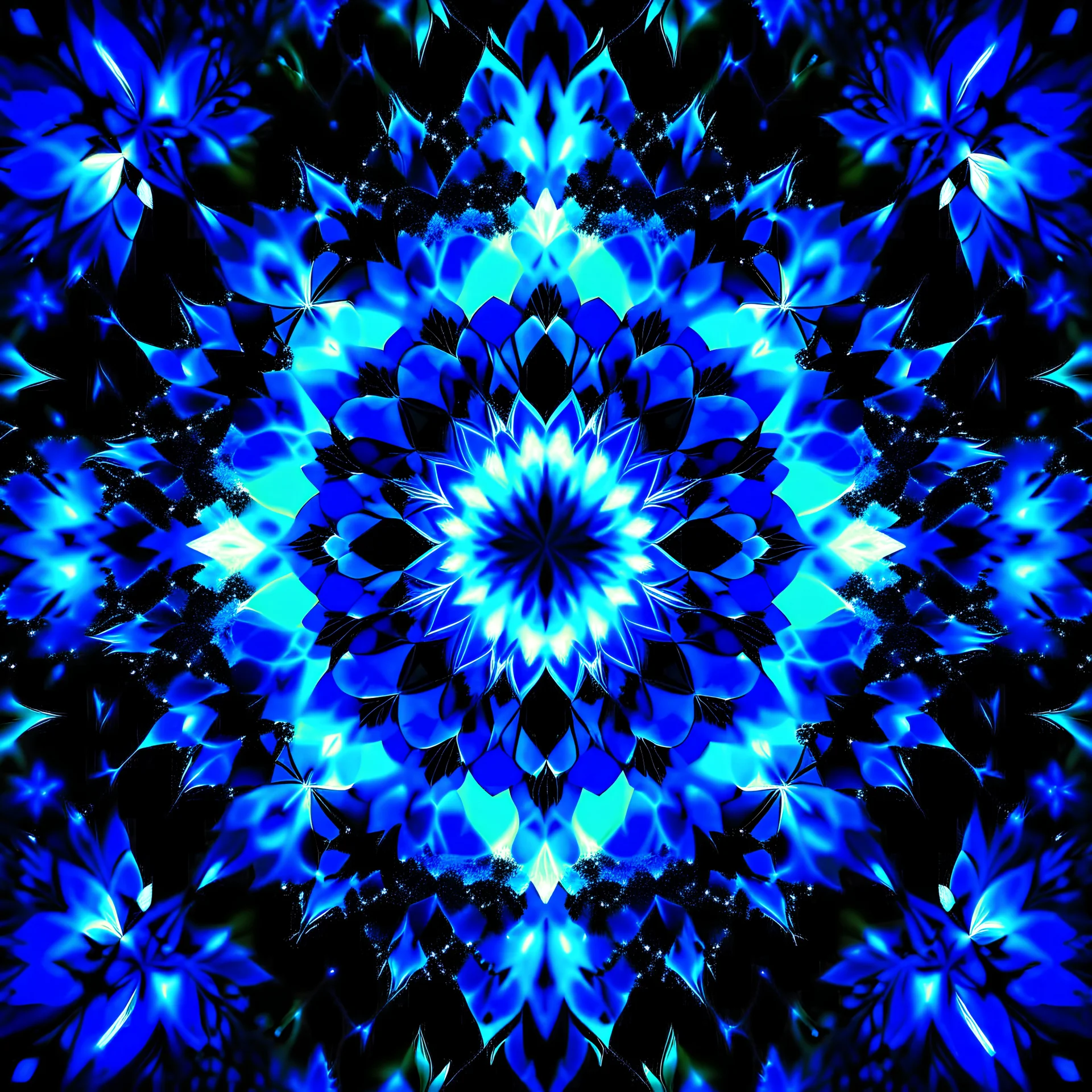 abstract dark blue kaleidoscope image, starry night, dark forest, romantic lights, blue hue
