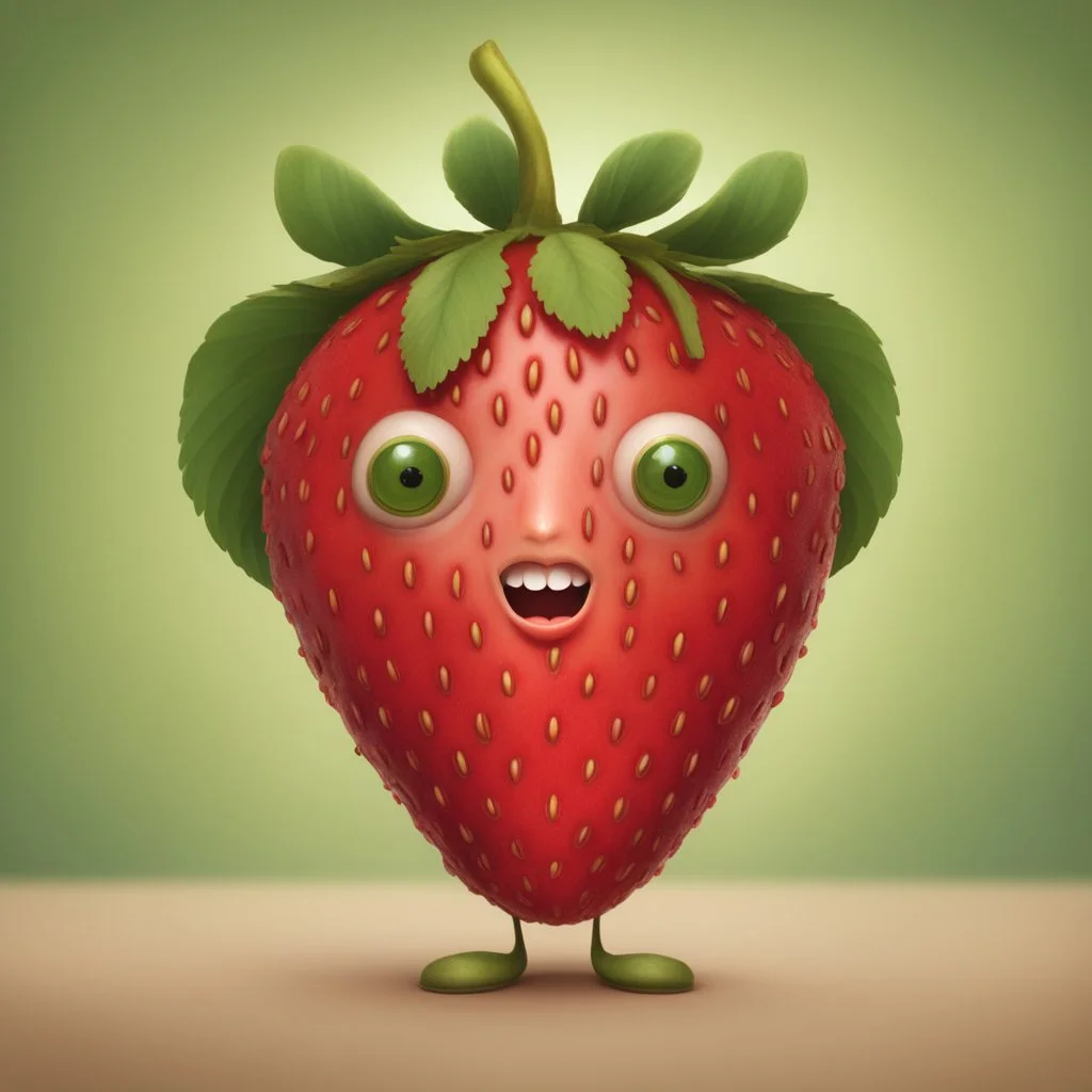 an anthropomorphic strawberry with pixie-cut hair, I want a man merged with a strawberry with pixie-cut hair, - a man who looks like a strawberry - a man whose skin is strawberry skin. I want a strawberry with arms and legs and hands and feet and finers and toes and a head with a nose, a mouth, ears, eyes and hair.