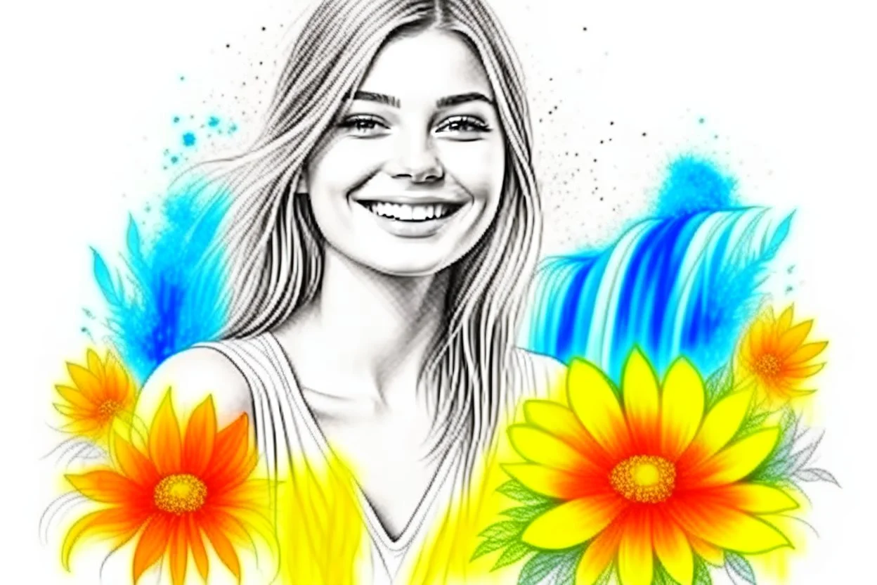 A Smiley gorgeous woman stunning drawn on paper by blue dry ink pen sketch, colored flowers beside paper. pastel colors double exposure: waterfall, misty morning, reflection, sunrise