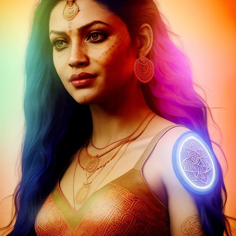 One beautiful portrait of on woman goddess of love and compassion beautiful with lot's of grain on her skin, blue eyes, with natural hair floating in the wind smiling facing camera, dress with celtic shapes and patterns, mystic, spiritual, mantra background, orange color scheme, high key lighting, volumetric light high details with white stripes and feathers unreal 5, octane render, cinema4d, dynamic lighting, dramatic lighting, 4k, redshift render, highly detailed, hyper realistic, sunset