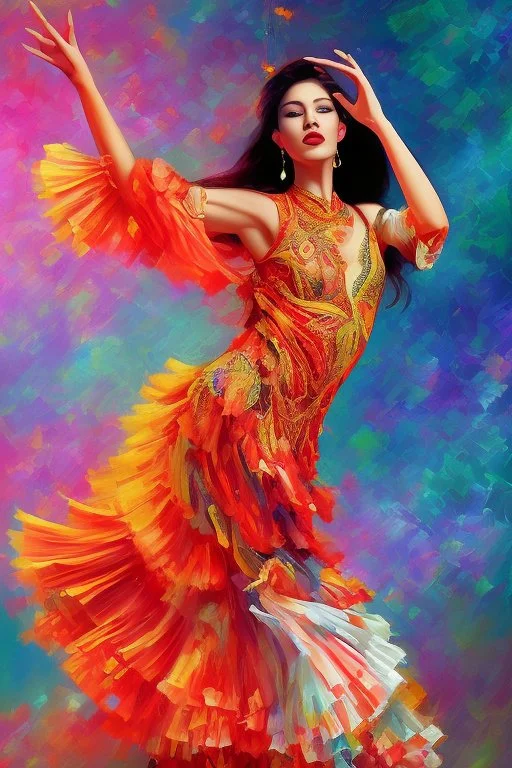 A lively portrait of a flamenco dancer, passionately performing in a vibrant, flowing dress, with the rhythm of castanets and the strumming of Spanish guitars in the air.