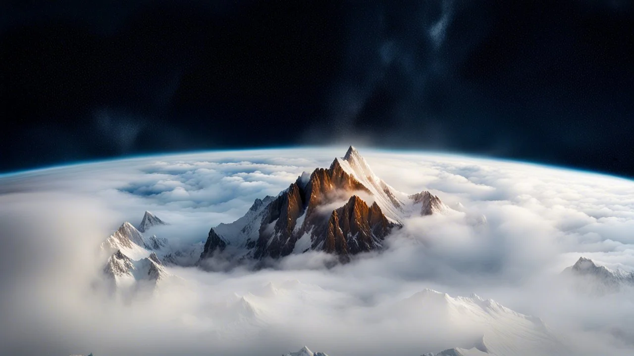 breathtaking, surreal landscape featuring a colossal, jagged mountain peak with patches of snow and ice, dramatically rising above a swirling sea of fluffy white clouds. The mountain should be the focal point, its rocky surface illuminated by a soft, golden light as if kissed by the first rays of dawn or the last glow of twilight. Surrounding the peak, the clouds should appear dense yet ethereal, with wisps of mist curling around the mountain's base, creating a sense of elevation