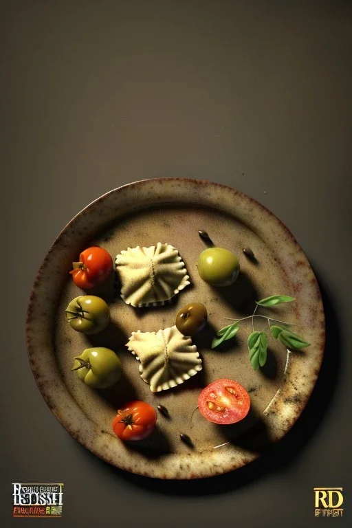 Ravioli by renaissance style still life oil painting, dish, natural tomato, albahaca, olives, oil olive, moisture, art, natural, ornaments, chef, high kitchen, smooth, gradient color background, unreal engine 5, ray tracing, RTX, lumen lighting, ultra detail, volumetric lighting, 3d.