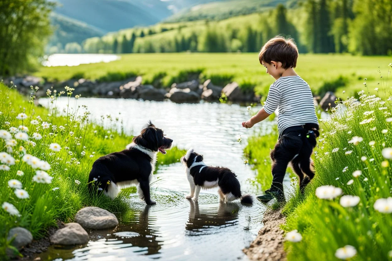 a lovely black and white dog plays with a little boy in country side in green field flowers next to a river with clear water an small rocks in its floor