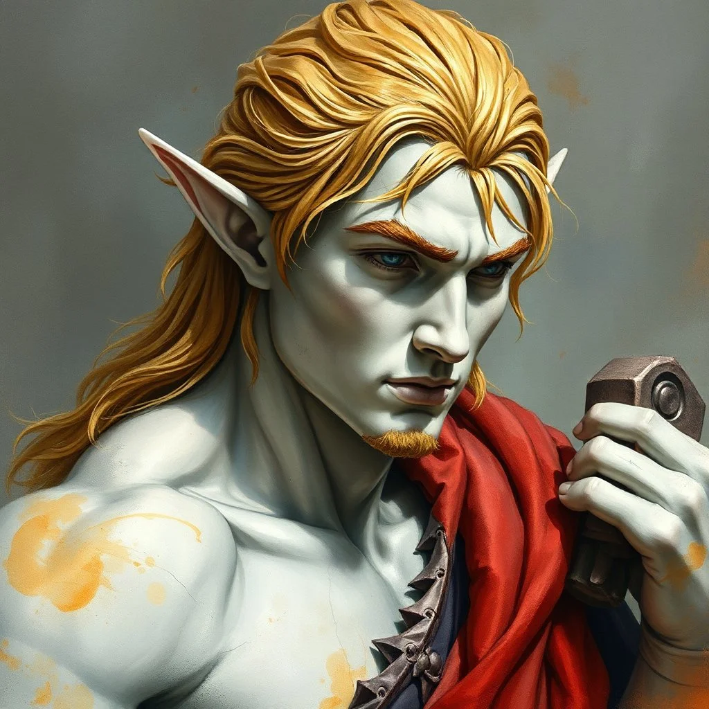 fantasy, dramatic portrait, marble statue of an elf male, marble skin, watercolour, golden hair, warrior, mighty, righteous