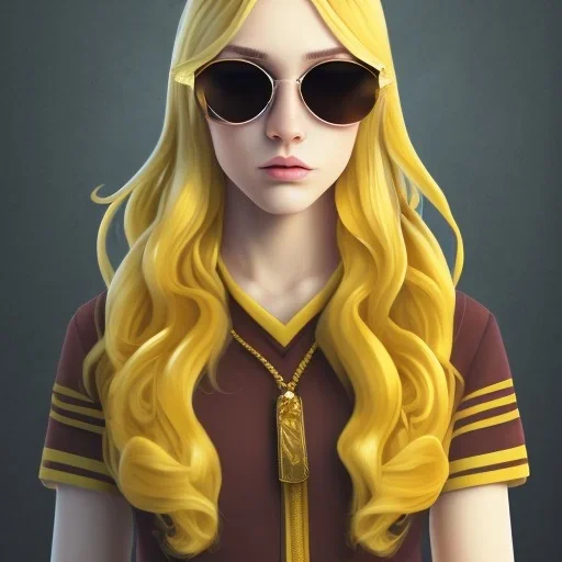 Girl with long wavy brown blond hair, yellow eyes. Wears Hogwarts Hufflepuff uniform, sunglasses with a yellow clip. She has a snowy owl with yellow eyes on her shoulder.