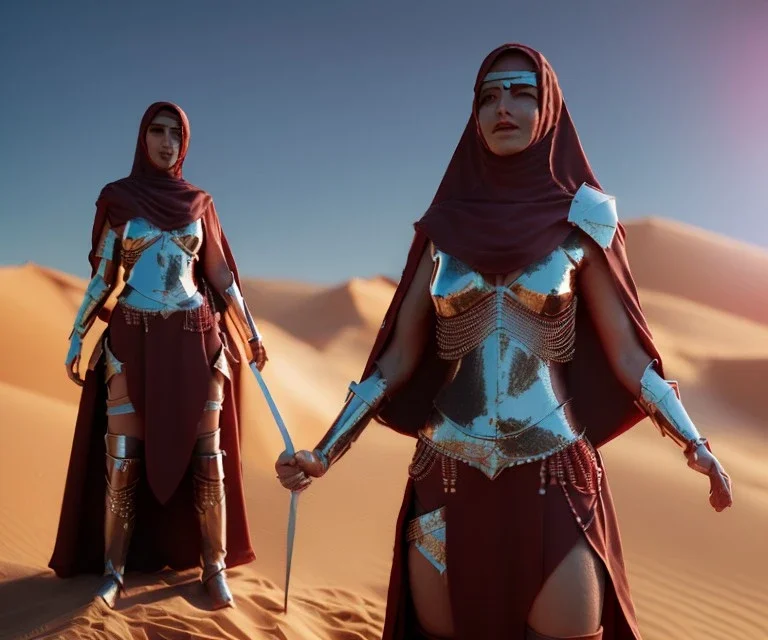 Animated, woman, Arabic face veil, armor, choker, hands, gauntlets, x, sword, longsword, chainmail, red beads, desert, pyramid, dunes