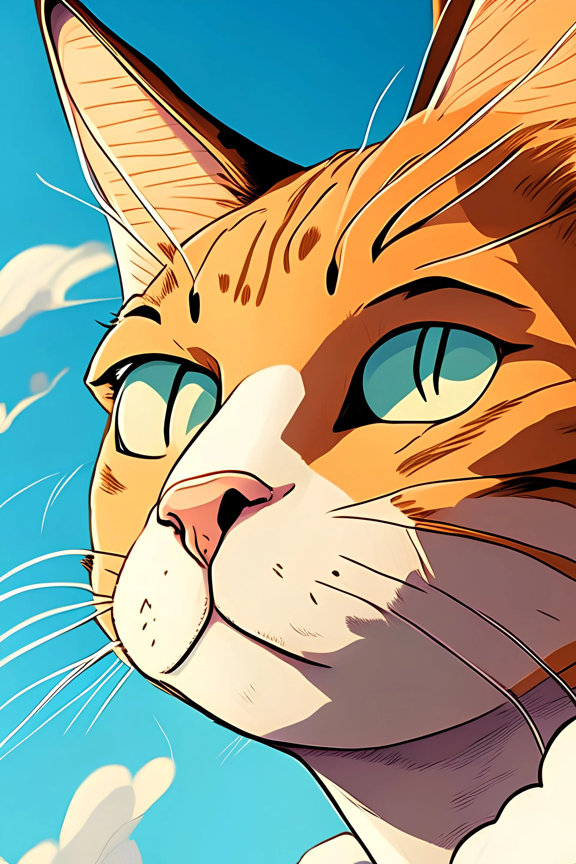 cartoon art close up on face of human male cat on the sky background