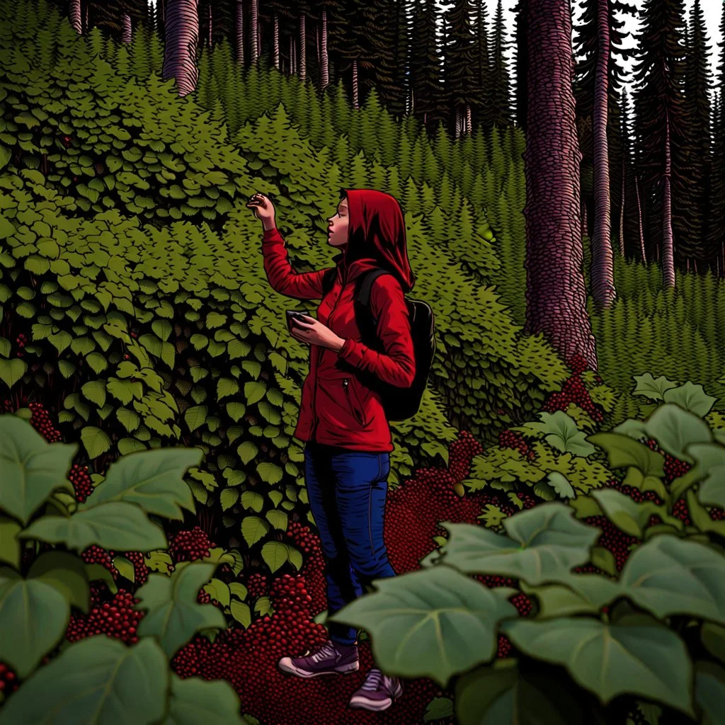 A person standing in a forested area in Alberta during the summer season, facing a patch of poison ivy with dark green leaves and small red berries. The scientific name "Rubus canadensis" appears on a nearby sign, alerting people to be cautious and avoid contact with the plant.