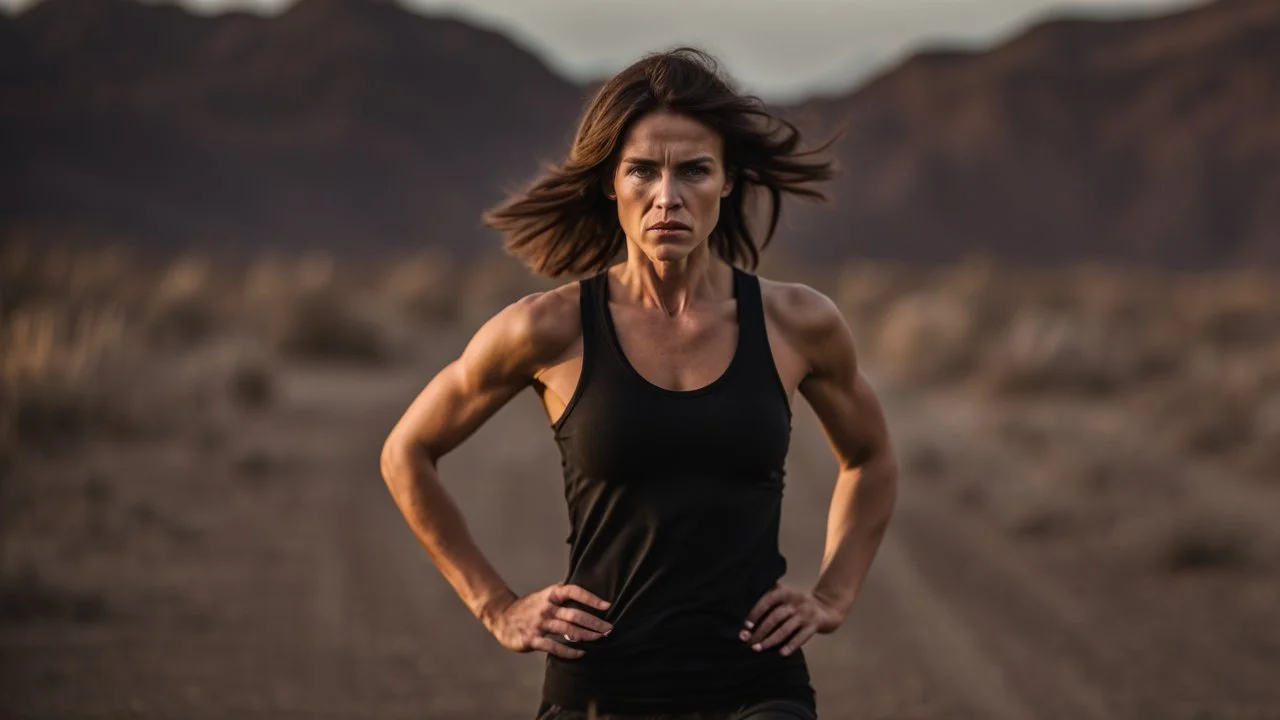 beautiful slender caucasian female technician, black tank top, angry, running, well toned muscles, weathered face, scratched sand camo metal details, short brunette wavy bob haircut, dystopian, desert scene with smoke and explosions,