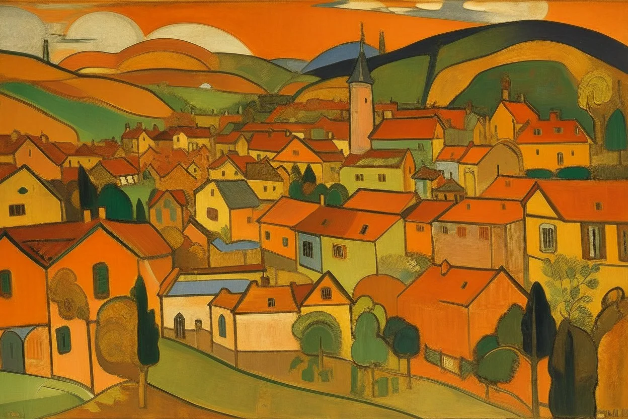 An orange colored suburban town with different shaped buildings painted by Paul Gauguin