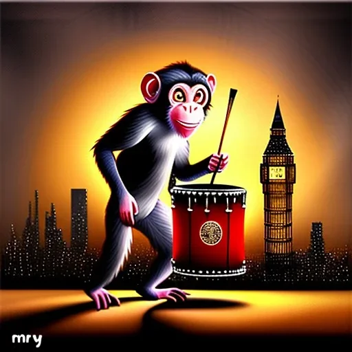 A monkey playing the drums, london skyline at night, oil painting