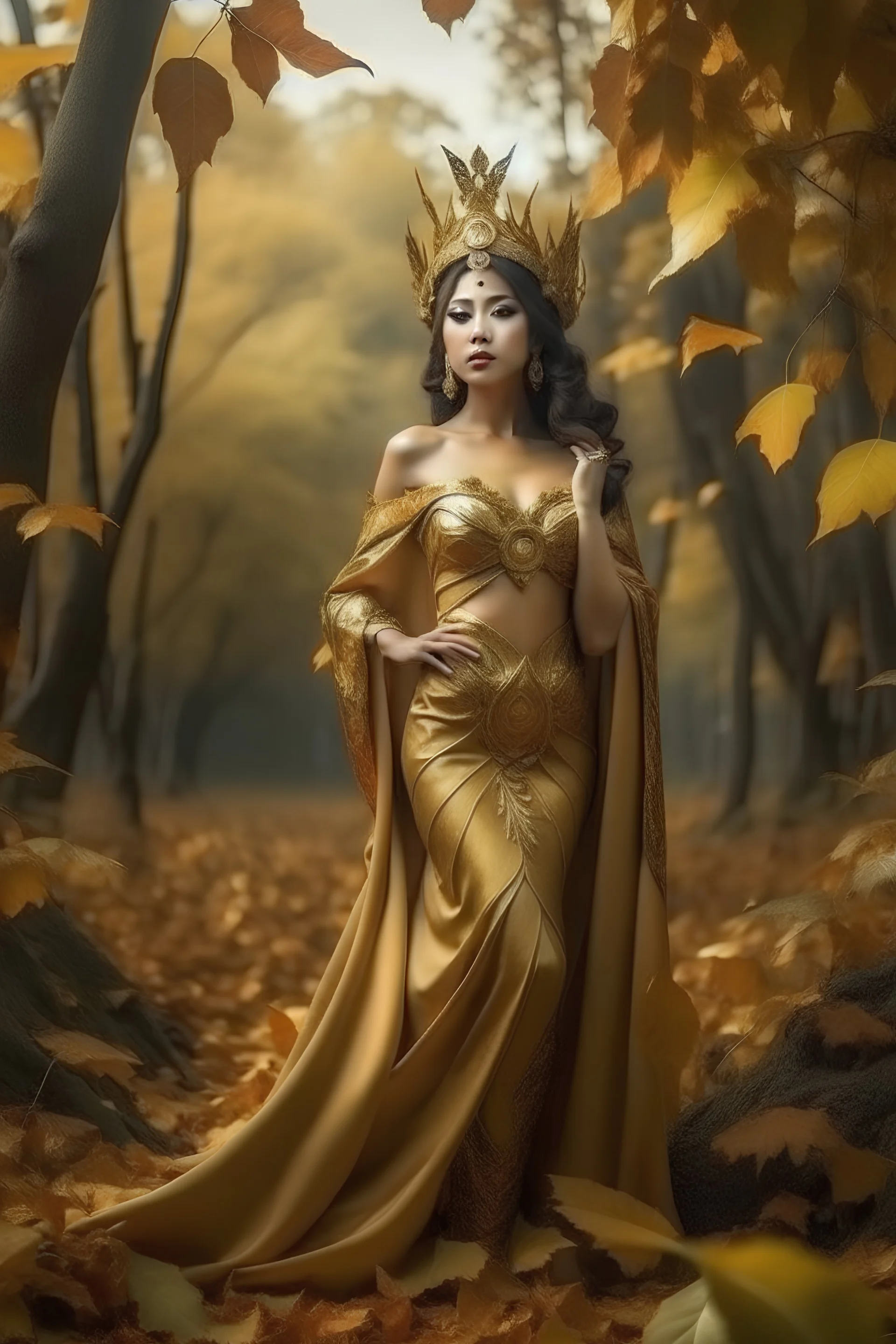 Goddess of nature, full body, realistic, very luxuriously dressed, beautiful Indonesian woman, fallen leaves forest background