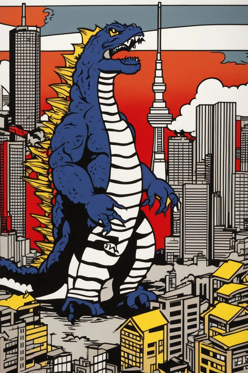 godzilla destroying tokyo painted by roy lichtenstein