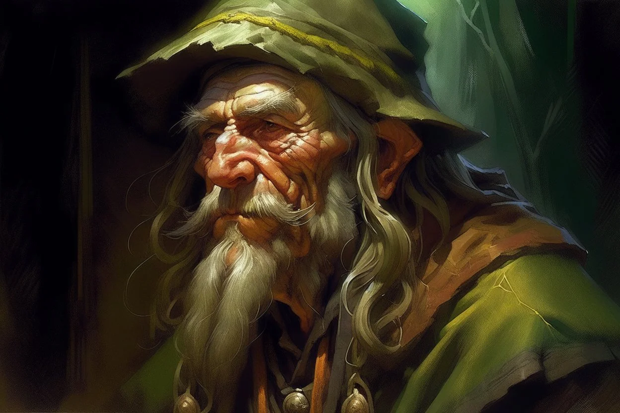 1970's dark fantasy cover dnd style oil painting profile picture of an old herbalist hobo like hero.