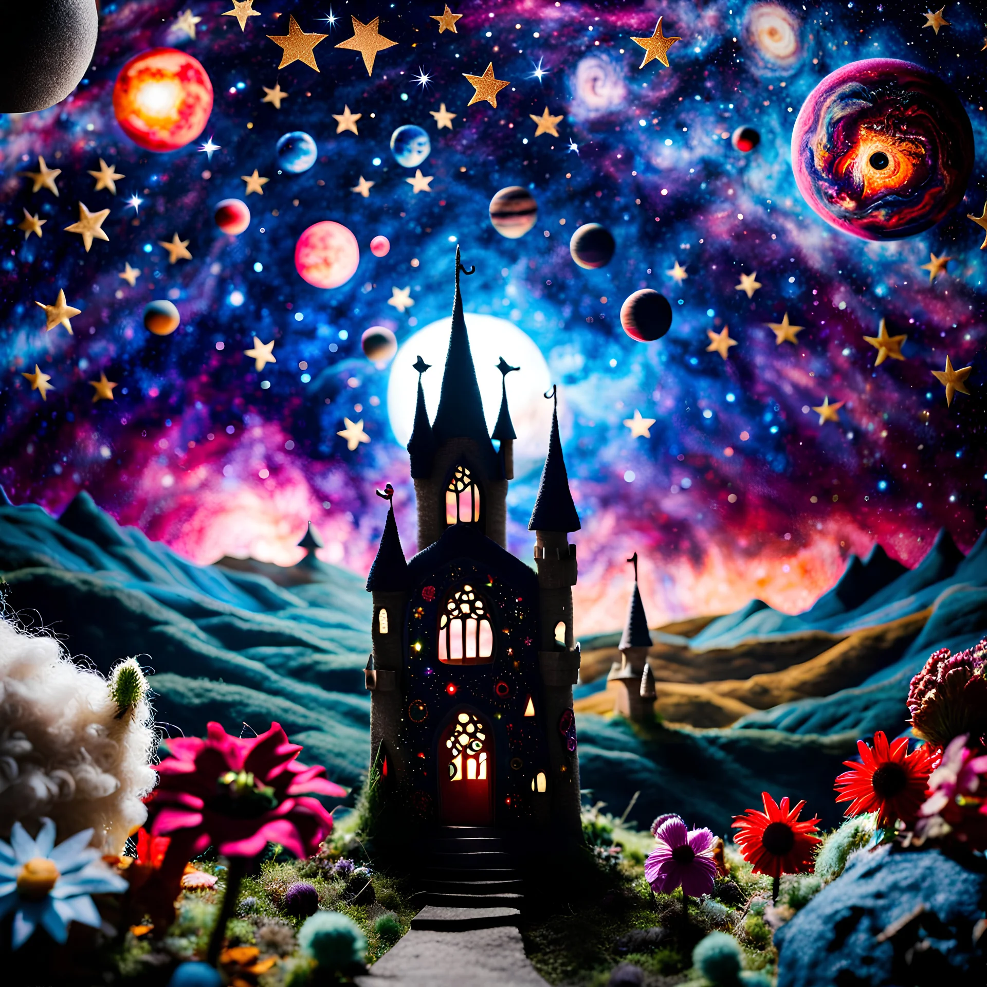 Detailed people, creepy castle made of felt, stars, galaxy and planets, sun, volumetric light flowers, naïve, strong texture, extreme detail, Max Ernst, decal, rich moody colors, sparkles, Harry Potter, bokeh, odd