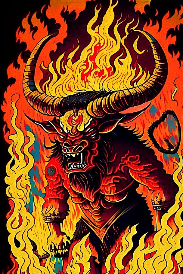 Vintage illustration of a demonic and magical brutal and angry bull made of red flames and fire, savage and obstreperous nature, Tsuguyuki Kubo art, Topcraft, vintage storybook illustration style, ornamental, fantasy folk art, psychedelic theme, inspires by 80s Japanese anime, early Studio Ghibli, fantasy animation