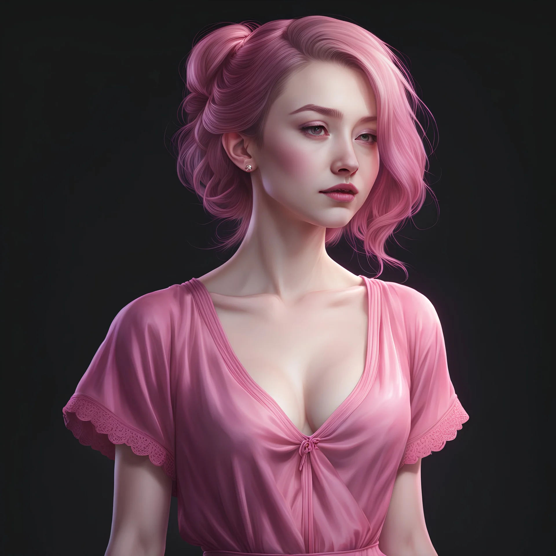 ((young woman pale skin)), dark background, mid shot, full body, happy expression, looking down, flat color, flat shading, ultra realistic, highres, superb, 8k wallpaper, extremely detailed, intricate, limited palette, pink,