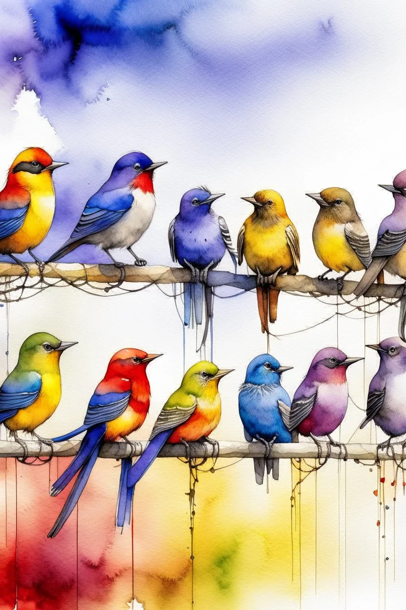 A captivating watercolor illustration featuring six exquisitely rendered birds perched gracefully on a wire. Each bird exhibits a unique color palette, from the rich browns and grays to the bold blues, reds, and yellows, culminating in the enchanting purple hue. The composition emphasizes the birds' side profiles, creating a dynamic visual effect. Their vibrant plumage beautifully contrasts against the pristine white background, resulting in a harmonious blend of nature and color that captivates