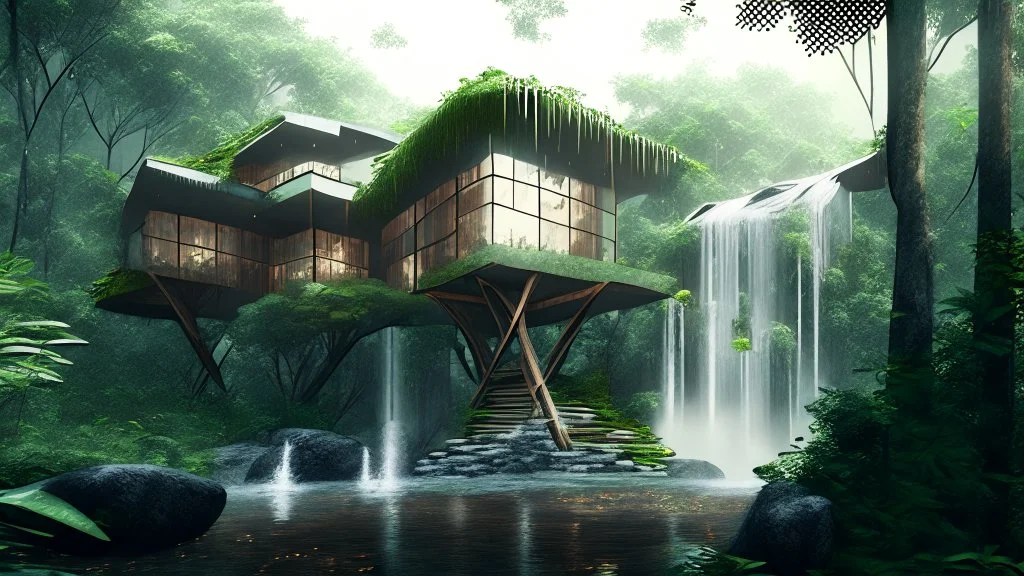 modern house by a big water falls in a karstic montain rain forest, idea en construccion in the style of mucha