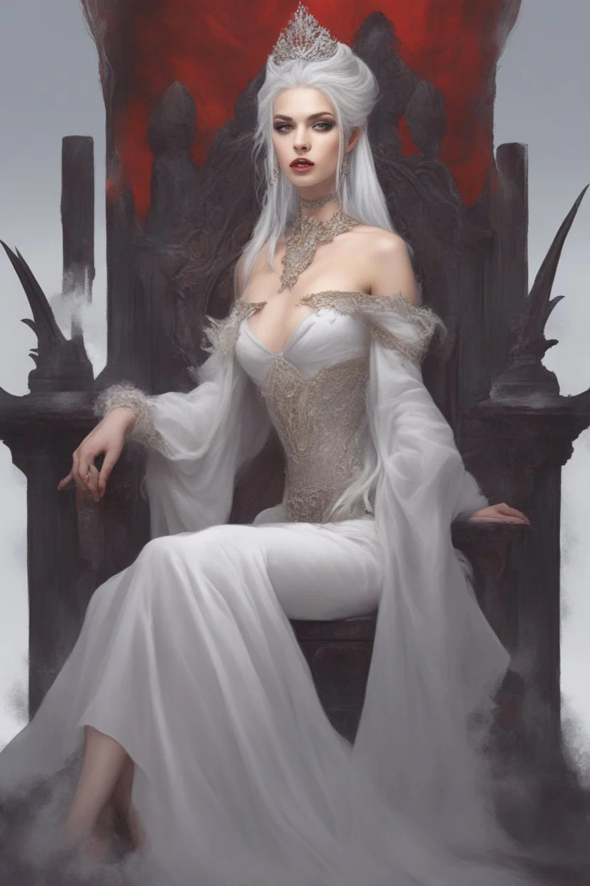 Beautiful white haired Vampire queen on her throne, drawing