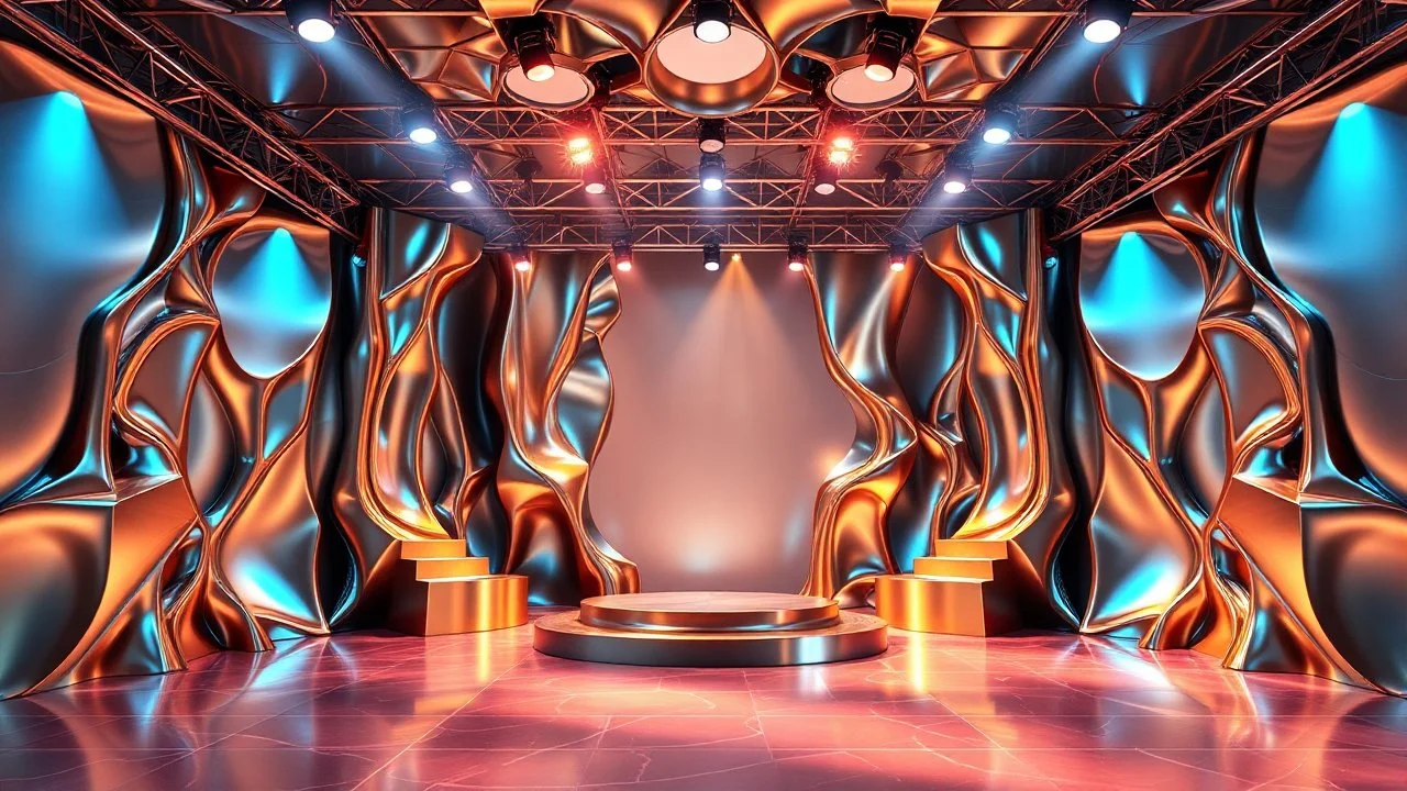 a 3d fractal stage structre made of metallic color 3d structures, pertty artistc background,dynamic lights