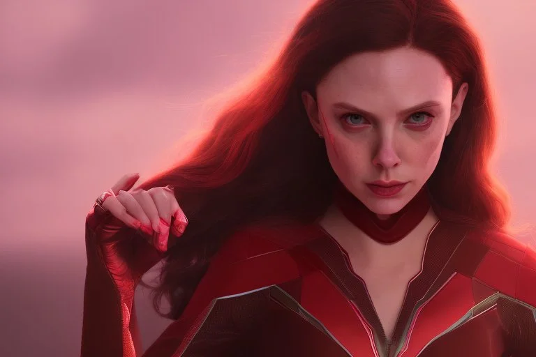 Feiticeira escarlate, wanda maximoff, magia instável, olhos brilhantes, cores vibrantes, cinematográfico, maquiavélica, destruição, vilania, mãos mágicas