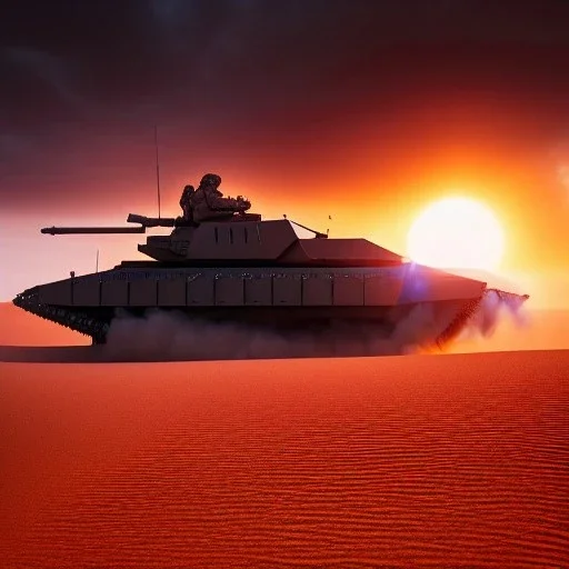 volumetric dramatic Wide desert Battle scene with futuristic hovering military armored Hovercraft tank painted by chris foss, floating, hover, 4k, 8k, [hovercraft] Minutiae, highly detailed, render, rivets, hovering, stripes, sunset duststorm, nimbus clouds