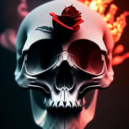 Cracked Skull and red rose, marble texture, dark, fantasy art, shallow depth of field, macro lens, unreal engine 5, ultra detailed,8k, HDR, hyperphotorealistic, bone, set in fire