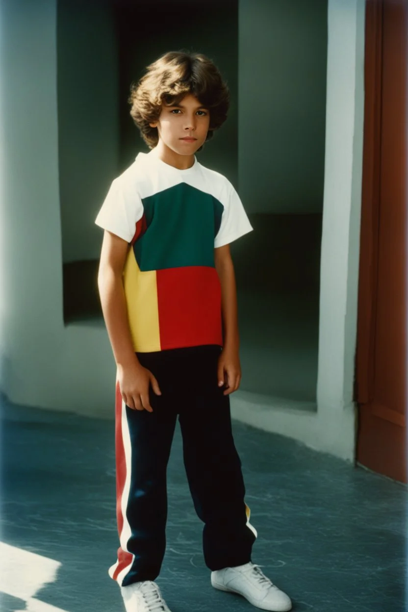 eleven year old mediterranean boy dressed track pants, early 80's color photo