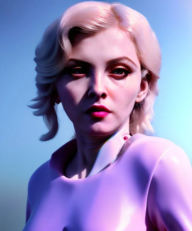 Artist, young madonna, android woman, sweet, blonde, white skin, long eyeliner, contour make-up, short hair, circuits, ghost in the shell, latex coat, feather, cyber punk, neon, bamboo, blood, portrait, studio photo, unreal engine 5, soft color, 16 bit, god lights, ray tracing, RTX, lumen lighting, ultra deatail, volumetric lighting, 3d, finely drawn, hd.