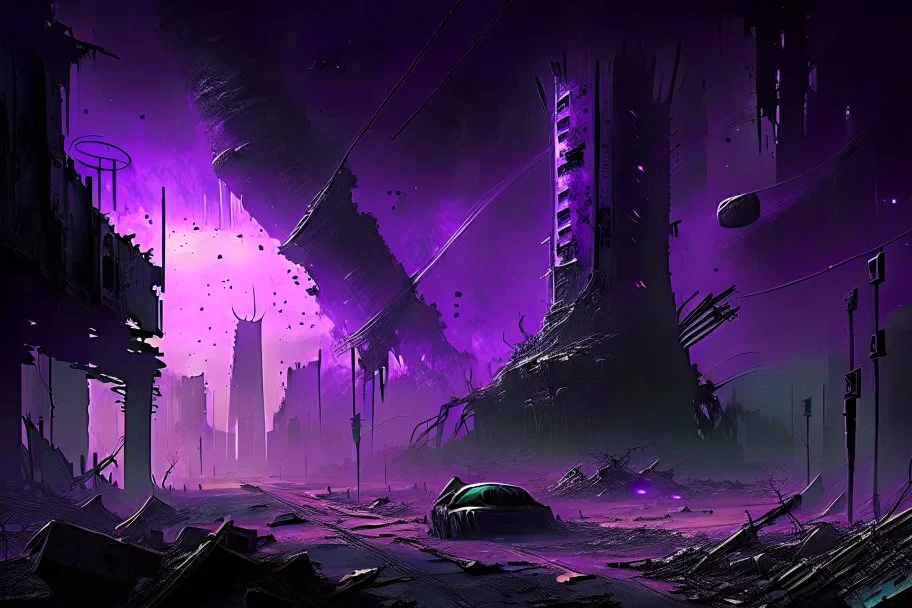 Destroyed City, Street View, Dense Purple Fog, Dead Soil, Broken Roads ,Black Night Sky, Stars, Space, Distant Alien Planets, Sci-fi Outpost, Large Walls and watchtower,