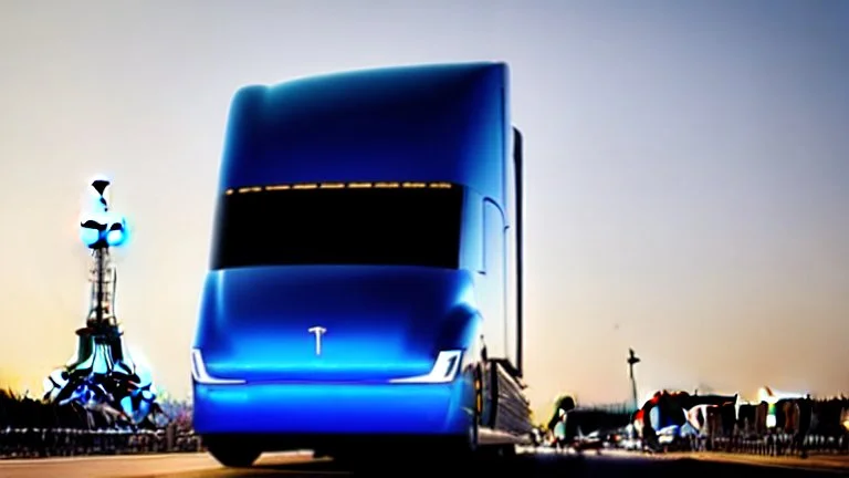 A Tesla semi-truck is racing at top speed, by the 'Sacre Coeur', in Paris. CINEMATIC. WIDE ANGLE LENS. PHOTO REAL.