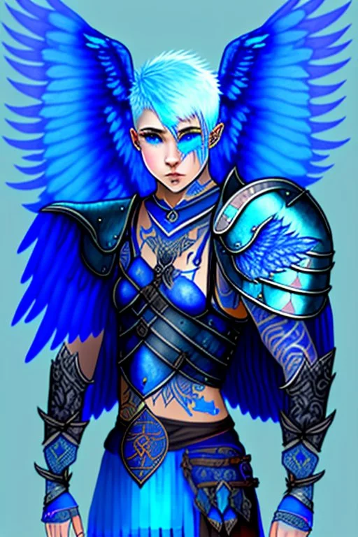 a person in runic armor with blue wings, blue short hair, runic tattoo and spell book