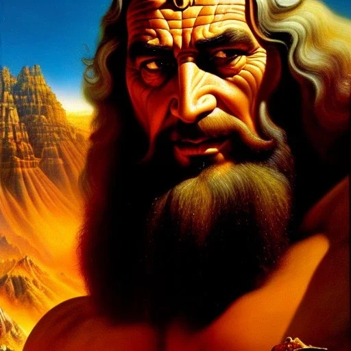 portrait oil on canvas, the giant, Og king of Bashan, mystical colors,insanely detailed,realistic,intrincate detail, 16k resolution, masterpiece,Simon Bisley,Frank Frazetta, Alex Horley,Tze Kun Chin